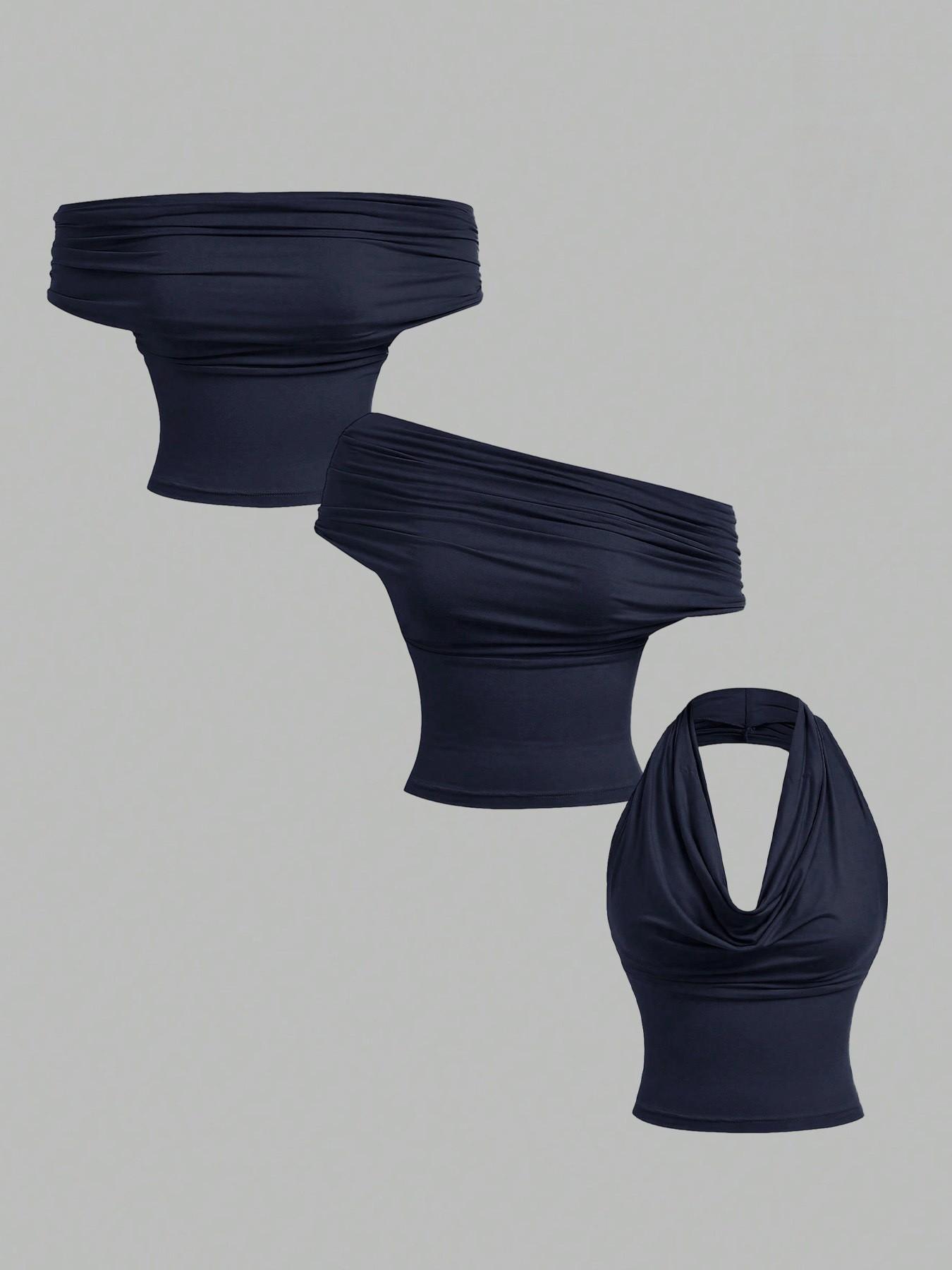 Fashionable New Sexy Blouse Women's Multi Way Wear Ruched Off The Shoulder Tops Draped Cowl Neck Halter Tops 3 Ways to Wear Womenswear