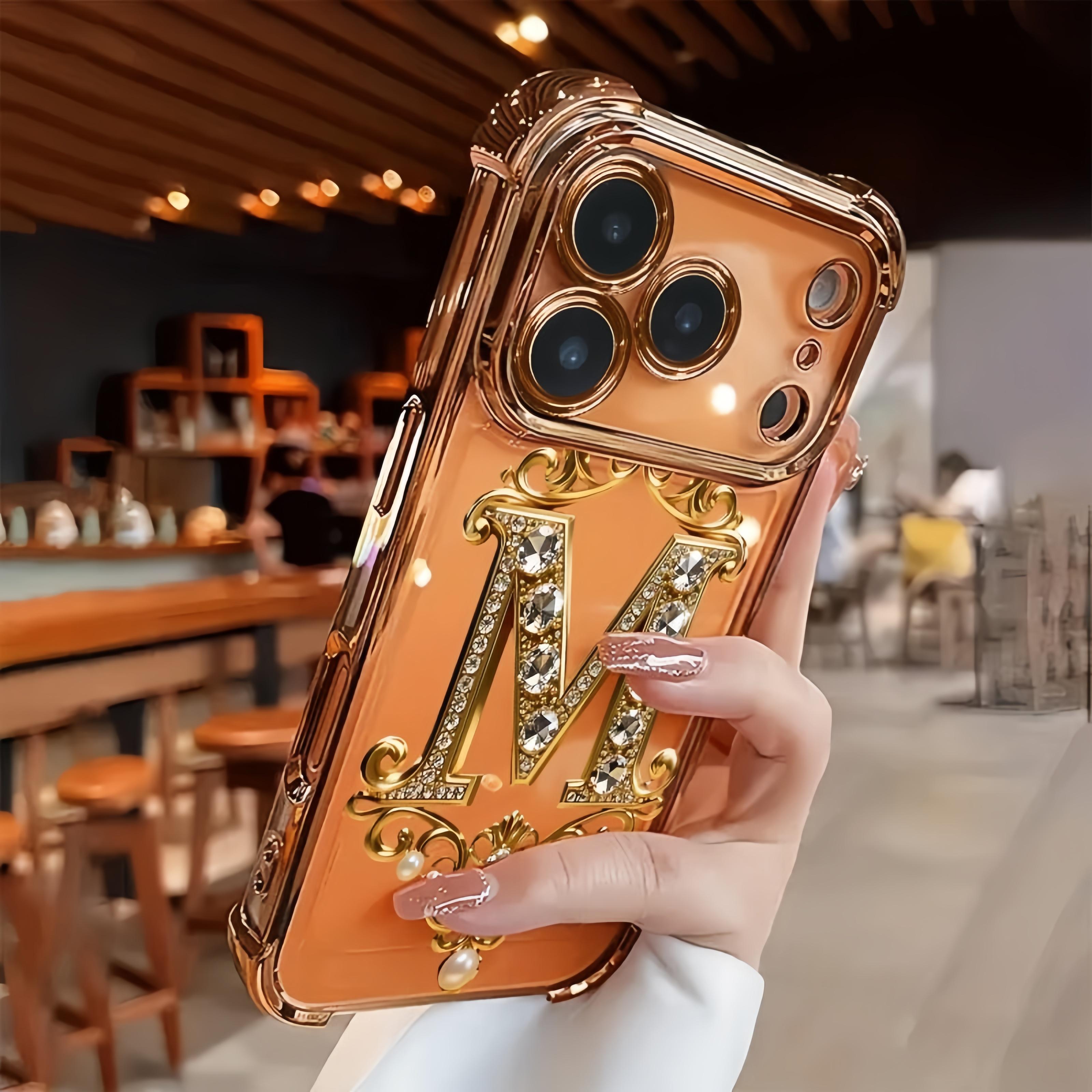 TPU Full-Coverage Lens Protective Cellphone Casing - Luxury Diamond & Gold "M" Design, Shockproof, Non-Slip, Multi-Model for iPhone 17,16,15,14,13,12,11,XS,X Series, Handheld Phone Accessory, Ideal Gift