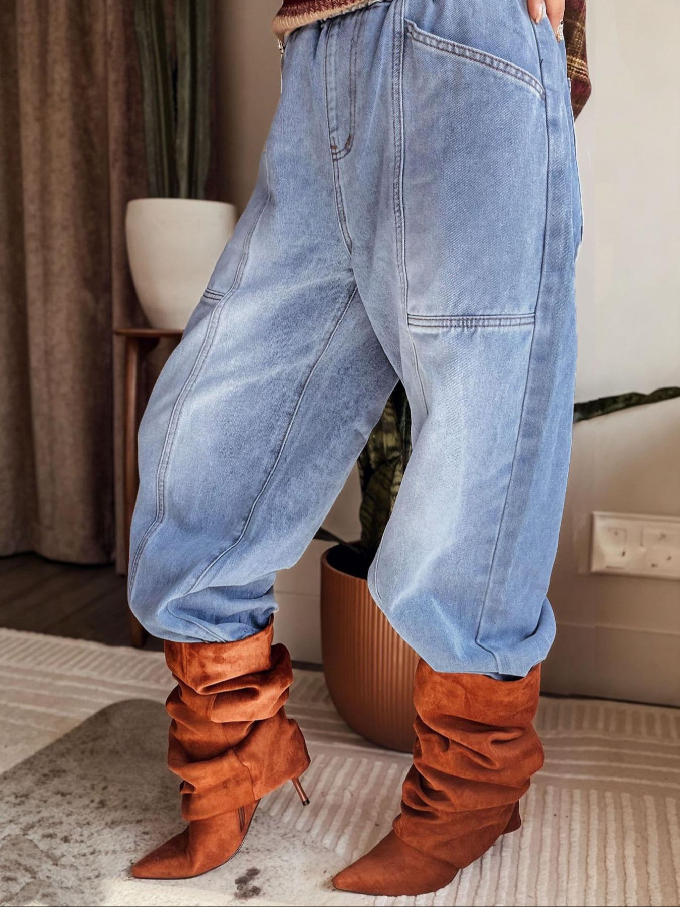 【The Stevie - Katrina's Exclusive】Women's Washed Elastic Waist Denim Pants, Casual Loose-Fit Pockets Jeans, Vintage Bottoms for Commute, Outdoor Activities & Daily Wear, Streetwear, Womenswear, TChic