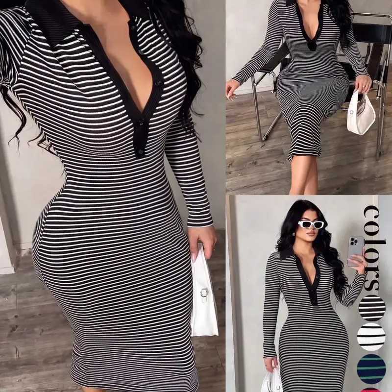 Women's Striped Knit Polo Neck Long Sleeve Slim Fit Midi Dress, Casual Four-Season Layering Dress, Fashionable Ladies' Clothing