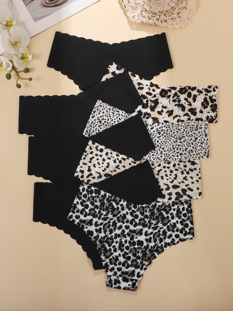Women's Leopard Print & Solid Color Panties, Comfortable Seamless Briefs, V-Shaped Pull-Up Waistband, Floral Pattern