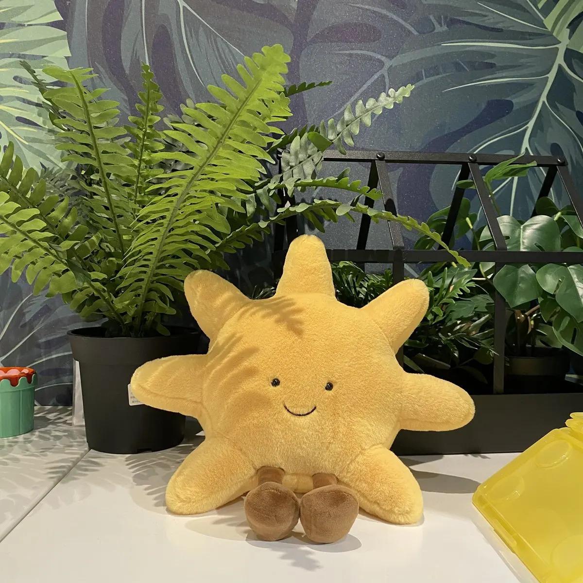 Adorable Smile Face White Moon Yellow Sun Plushie Stuffed Cute Cartoon Weather Plush Toy for Kid Bedroom Decor Sofa Throw Pillow