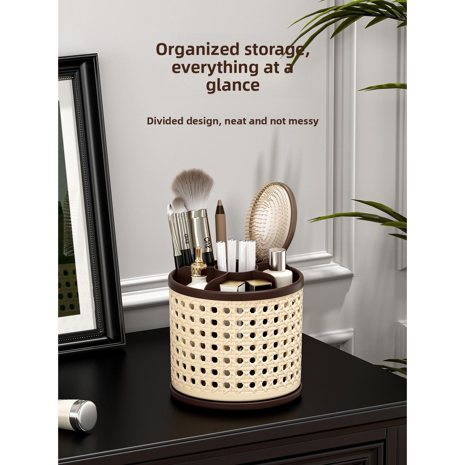 360° Rotating Pen Holder, Spacious Desktop Organizer for Students, Makeup Brush Storage Box, Independent Compartments, Vintage Style Design