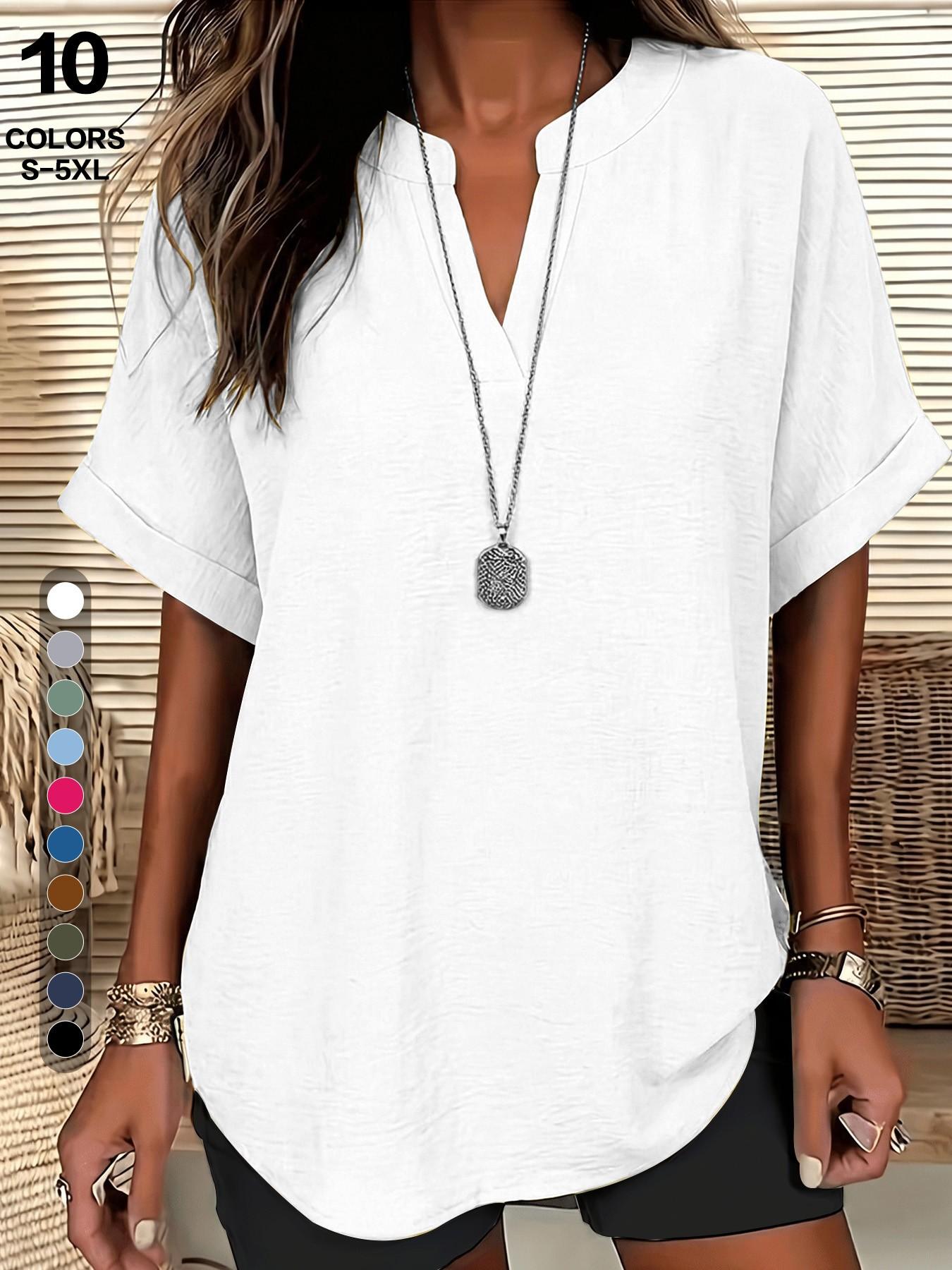 2026 European Style V Neck Short Sleeve Shirt, Casual Fitted T-Shirt, Summer Loose Fit, Hides Belly, Tall Look, Versatile Top