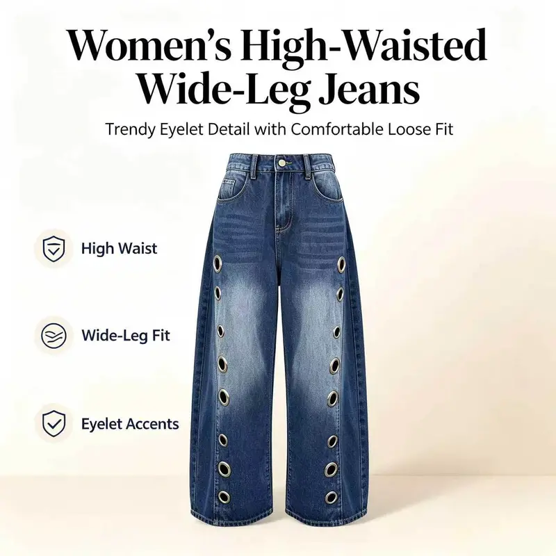 Women's High Waist Geometric Eyelet Cotton Mix Denim Style Jeans - Baggy Wide-Leg Cropped Bottoms with Side Pockets, Zip Fasten, Casual Fashion Fabric, 2026 Fall Festival Streetwear, Cold Wash Y2K Clothing Women's High Waist Geometric Eyelet Cotton Mix Denim Style Jeans - Baggy Wide-Leg Cropped Bottoms with Side Pockets, Zip Fasten, Casual Fashion Fabric, 2026 Fall Festival Streetwear, Cold Wash Y2K Clothing