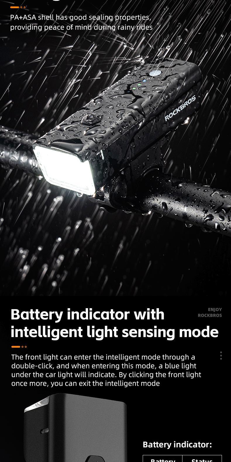 ROCKBROS Bike Light 260 Lumen IPX4 Waterproof Front Light 1500mAh Intelligent Light Sensing Bicycle Accessories