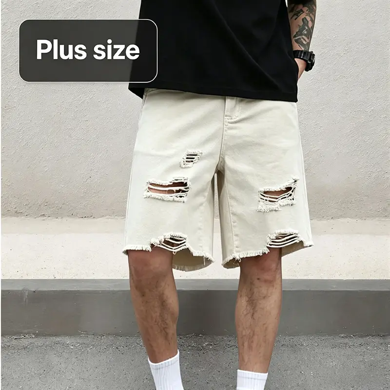 SZ350  Men's 6X Plus-Size Baggy Denim Shorts, Mid-Length, Trendy High-Street Casual Wear, Ripped Look with Frayed Edges, for Big and Tall Men, Baggy Shorts