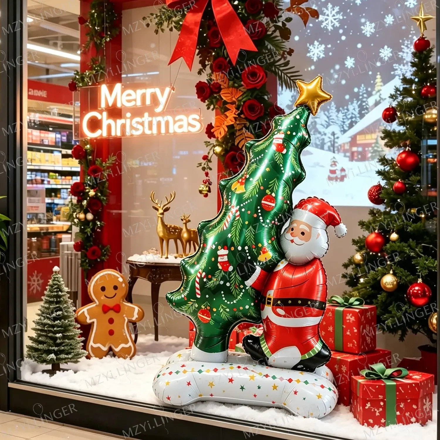 Standing Santa Claus Holding Christmas Tree Balloon Set, Aluminum Foil Balloons, Balloon Decorations for Christmas Party, Home Gathering, Birthday Decoration