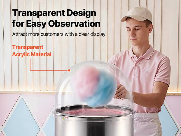 VEVOR Cotton Candy Machine Cover, Transparent Acrylic Dome Bubble Shield, Cotton Candy Machine Bubble Shield Compatible with 20.5in Cottons Candies Machines Bowl for Party, Shops, Bottom Groove Design