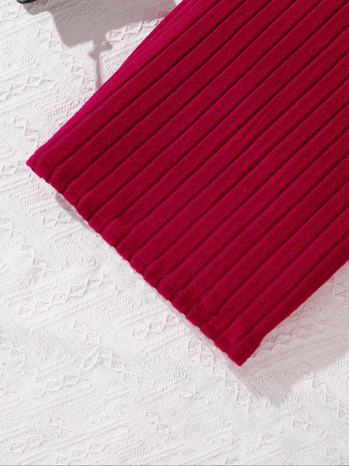 Christmas Girl Pearl Embellished Knit Bow Design Long Sleeve Short Top with Slim Fit Dress Fashion Comfort Set