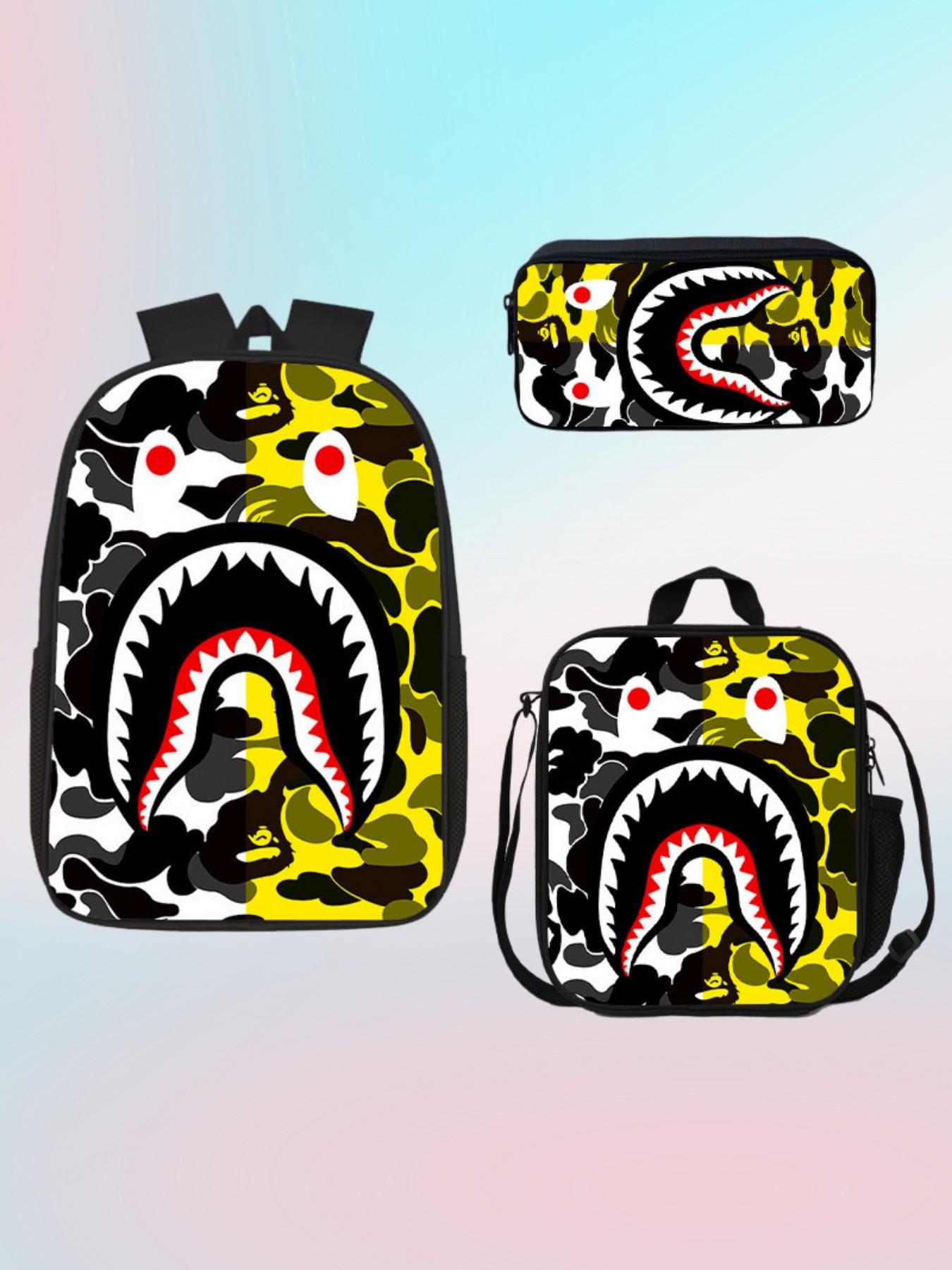 Trendy Camo Shark Print Backpack 3 Piece Set, Includes School Bag, Insulated Lunch Box, Pencil Pouch, Durable Travel Bag for Kids and Teens