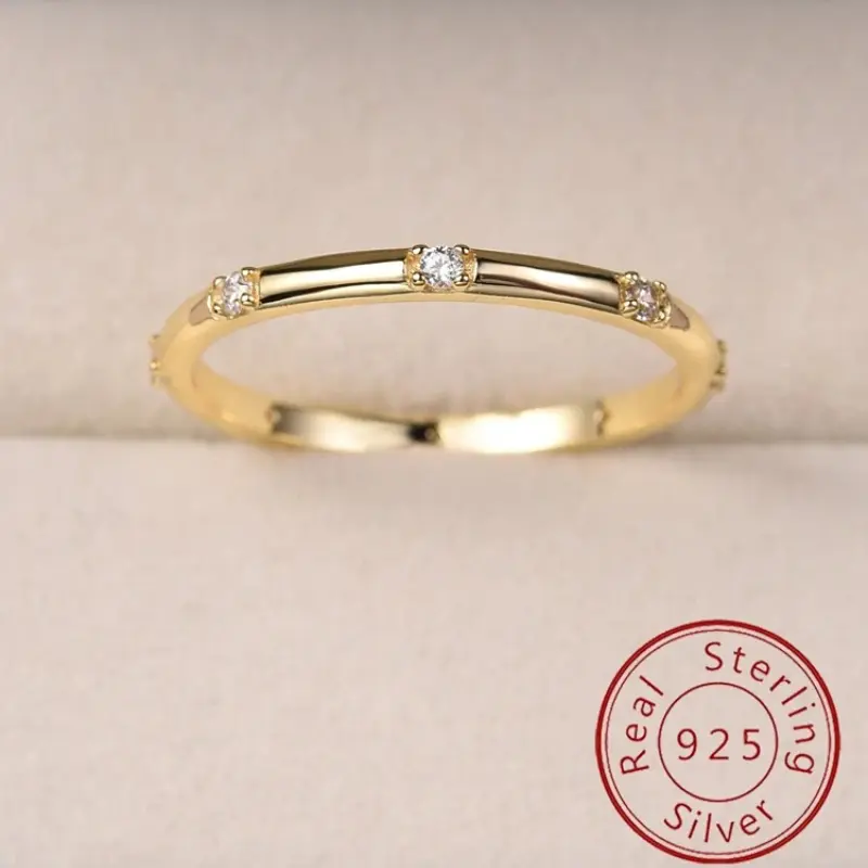 Women's 925 Sterling Silver Round Plain Band Ring with White Zircon Accent - High-Quality Fine Jewelry, Anniversary Gifts, Simple Look for Party Occasions