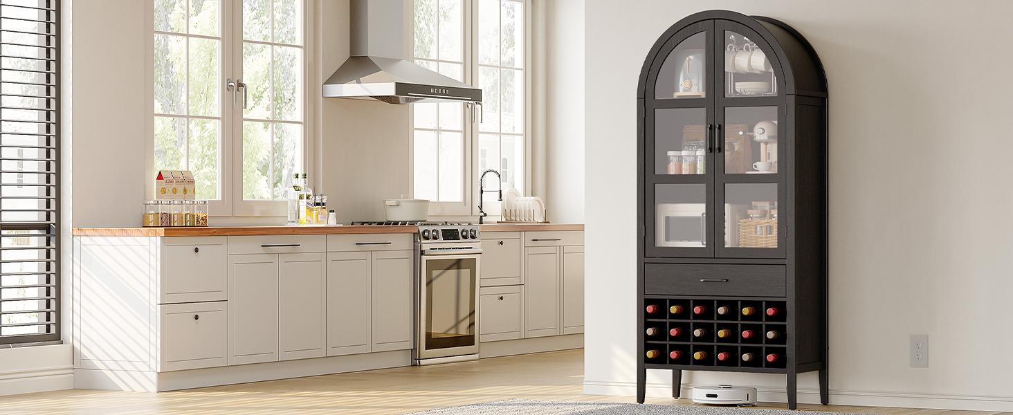 【SPOTLIGHT DAY】ONBRILL 71" Tall Arched Cabinet, 5-Tier Arched Kitchen Pantry with Glass Doors & Drawer, Modern Display Pantry Cabinets with Adjustable Feet, Wooden Pantry for Kitchen, Living Room Furniture, Dining Room Furniture
