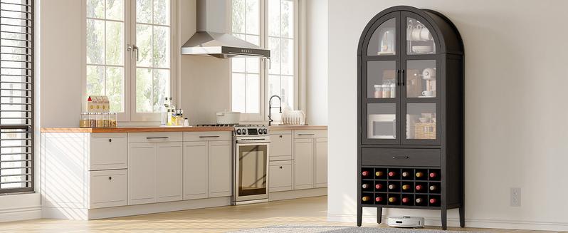【Valentine's Day gift】ONBRILL 71" Tall Arched Cabinet, 5-Tier Arched Kitchen Pantry with Glass Doors & Drawer, Modern Display Pantry Cabinets with Adjustable Feet, Wooden Pantry for Kitchen, Living Room Furniture, Dining Room Furniture