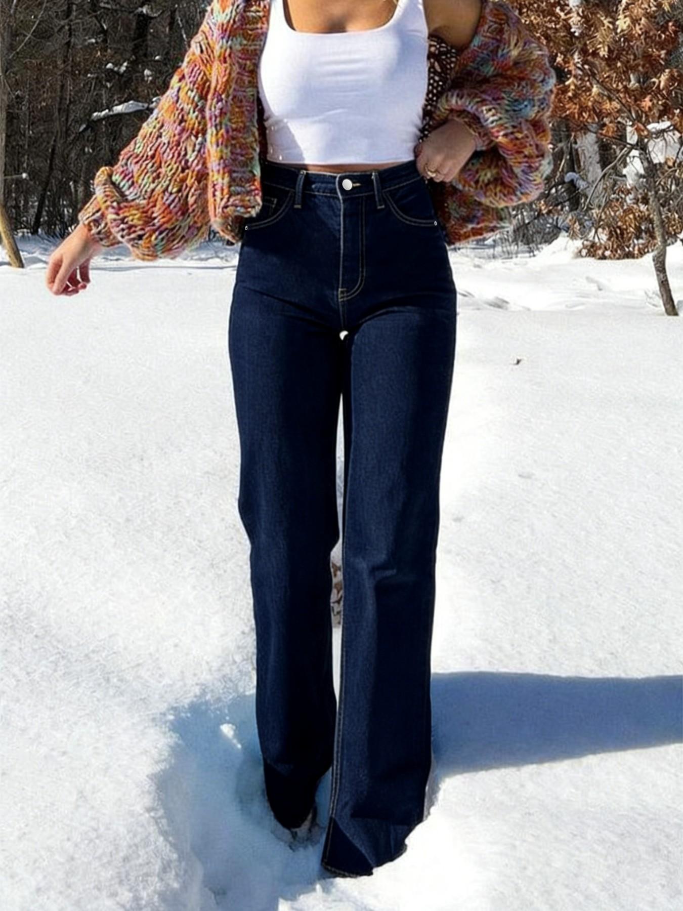 Women's Elastic Washed Casual Light Blue Wide-Leg Jeans, Loose-Fitting All-Season Denim Jeans for Daily Wear & Dates