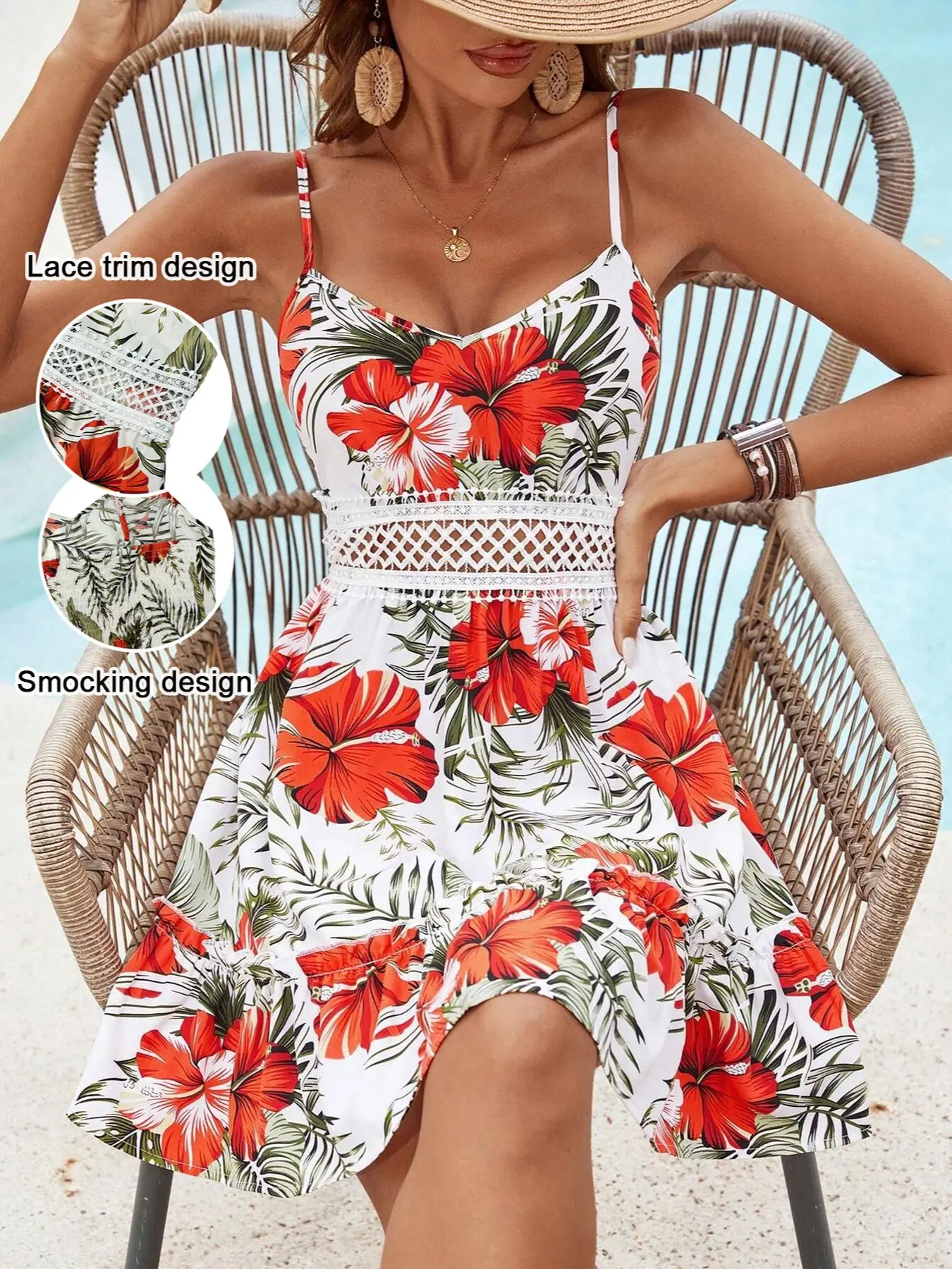 Women's Floral Tropical Lace Patchwork Slim-Fit Sleeveless Summer Dress, Elegant Hollow Out Design, Perfect for Beach Vacation, Casual Woven Fabric