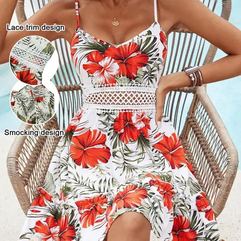 Women's Floral Tropical Lace Patchwork Slim-Fit Summer Dress, Elegant Hollow Out Design, Perfect for Beach Vacation, Beachy Style, Casual Woven Fabric