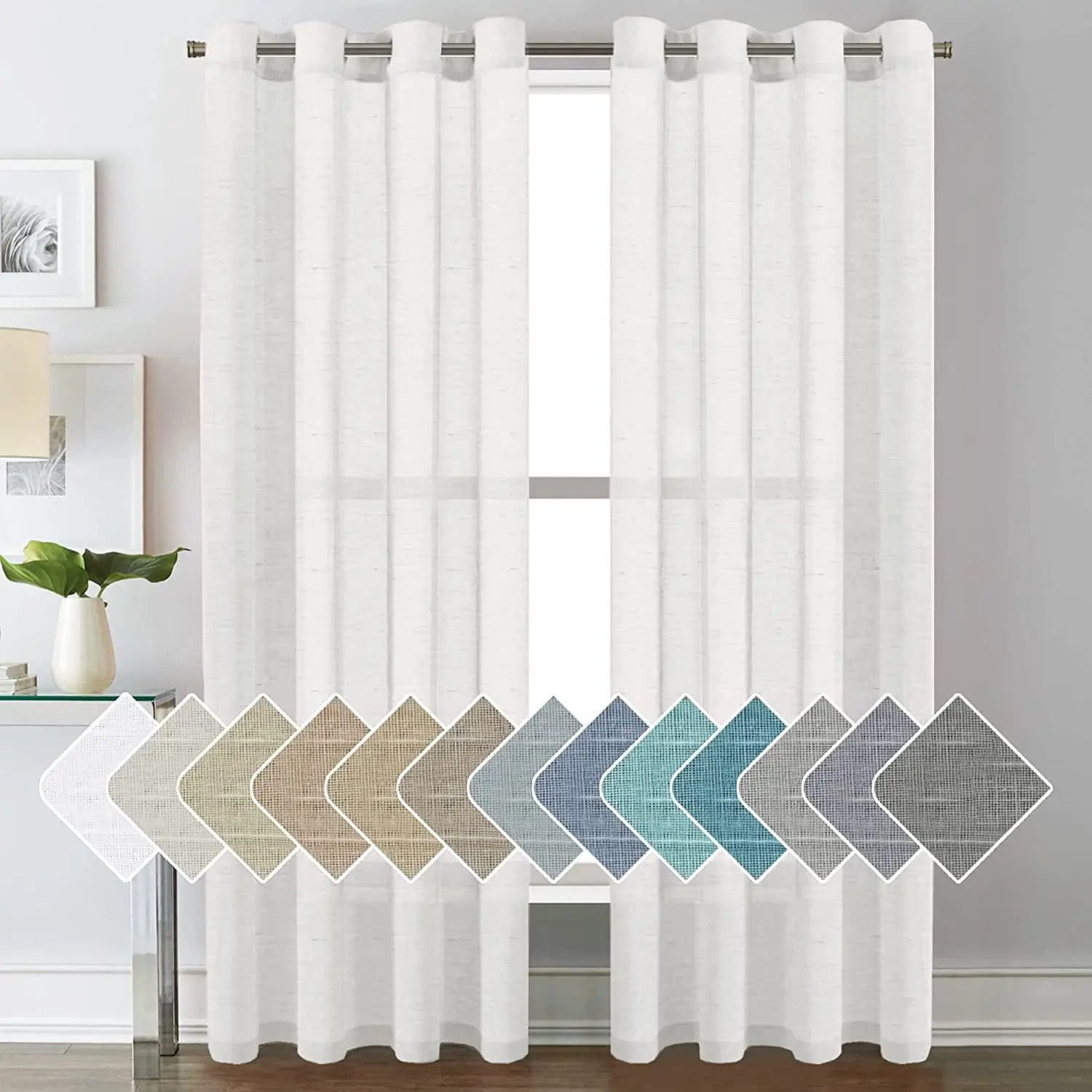 Flax Linen White Semi-Sheer Curtains, 84in Long 2-Panel Set with Modern Grommets, Formaldehyde-Free Fresh Decor for Living Room & Bedroom Windows, Elegant Soft Light Window Treatments