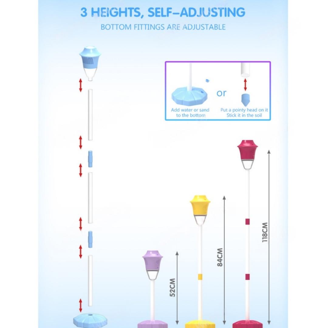 Streetlight Bubble Machine, “Torch” Bubble Machine with Music and Lights—an outdoor children's toy perfect for weddings and parties. Suitable for various occasions. Requires 3 AA batteries (not included). Recommended for ages 3 and up. Comes in a box.