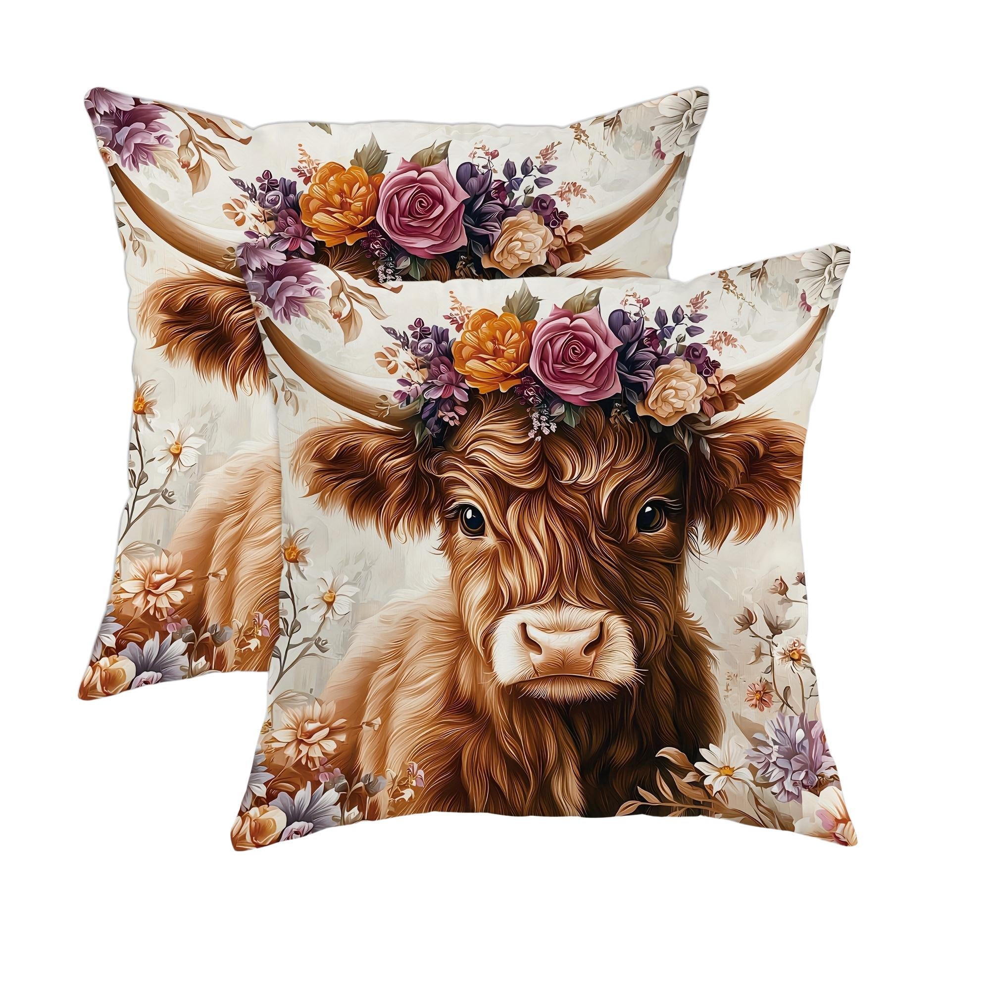 Farmhouse Style Highland Cow Plant Flower Pattern Decorative Pillow Covers, 2-Pack, Invisible Zipper, Easy Clean, Home Decor