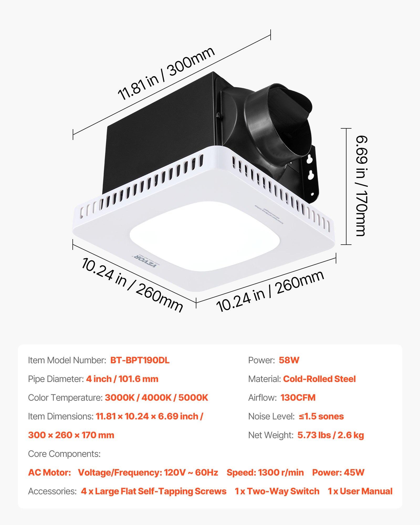 【Summerfinds】VEVOR Bathroom Exhaust Fan with LED Light, 130 CFM Bathroom Vent Three Gear Color Temp, 1.5 Sones Low-Noise, Premium AC Motor Ceiling Fan for Laundry Room, Storage Room, Home Ventilation, White 【Summerfinds】VEVOR Bathroom Exhaust Fan with LED Light, 130 CFM Bathroom Vent Three Gear Color Temp, 1.5 Sones Low-Noise, Premium AC Motor Ceiling Fan for Laundry Room, Storage Room, Home Ventilation, White