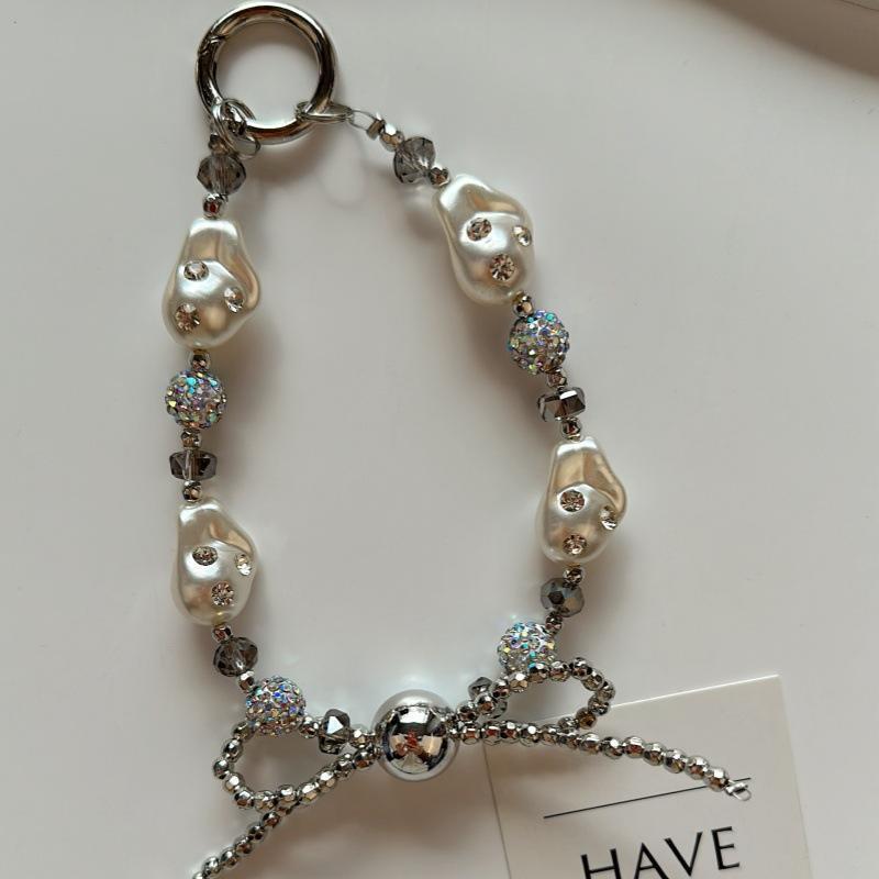 Luxury Pearl Crystal Bead Key Chains Charm Rhinestone Lanyard for Iphone Samsung Universal Accessories Jewelry Anti-Lost Pendant