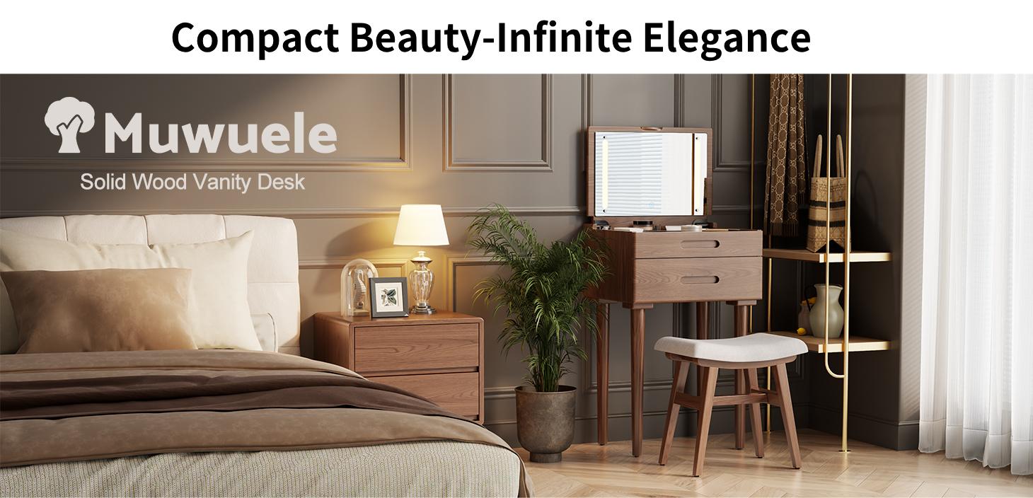 【HOT】Small Space Vanity Desk, 100% Solid Wood Makeup Table, Flip-Top Mirror with Lights, Space-Saving Makeup Table with Drawers, Adjustable Brightness, Elegant & Functional Vanity, Narrow Space Available
