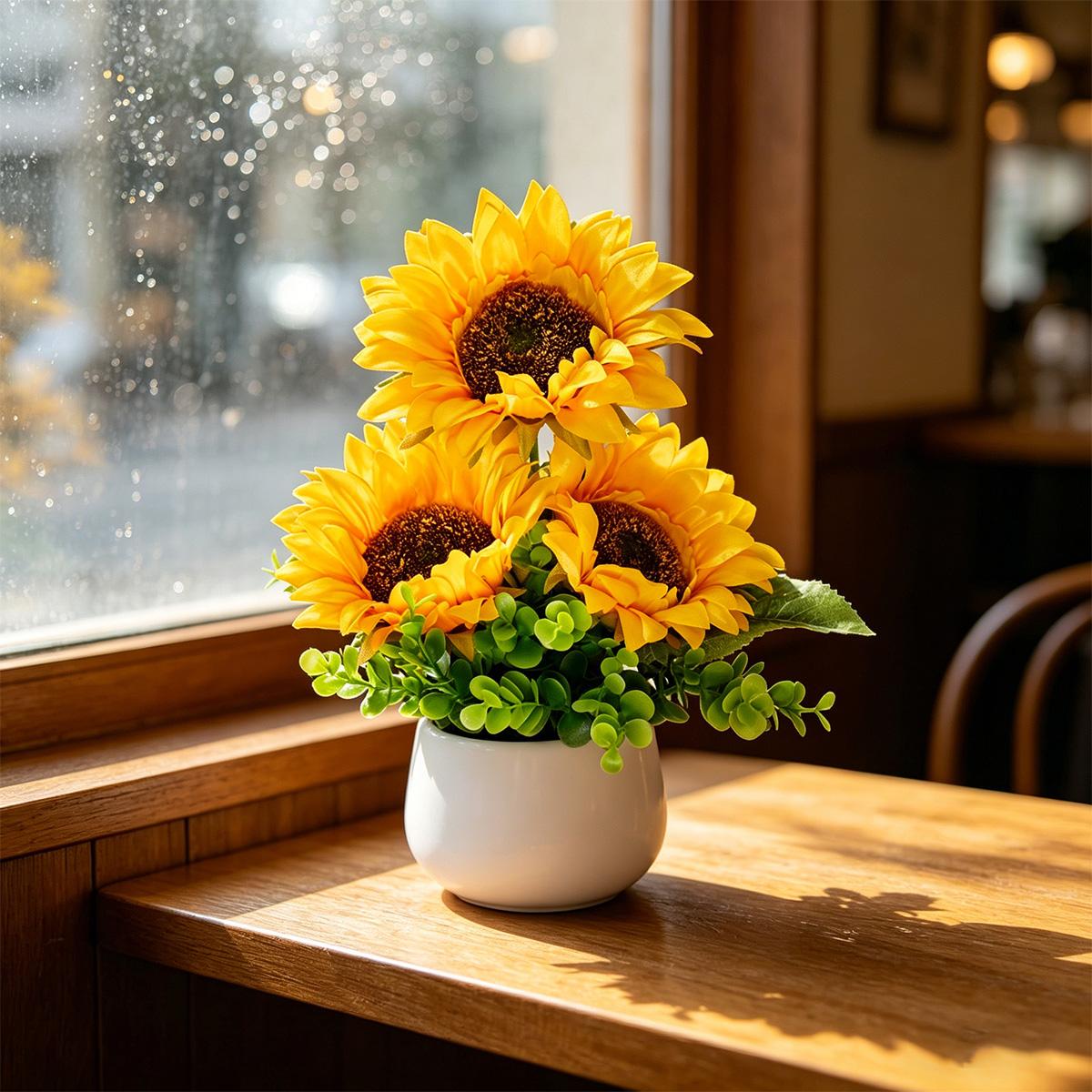 1pc Artificial Sunflower Arrangement in White Pot - Fake Yellow Sunflowers with Eucalyptus Greenery - No Maintenance Tabletop Decor for Home Office - Bright Floral Centerpiece, Housewarming Gift