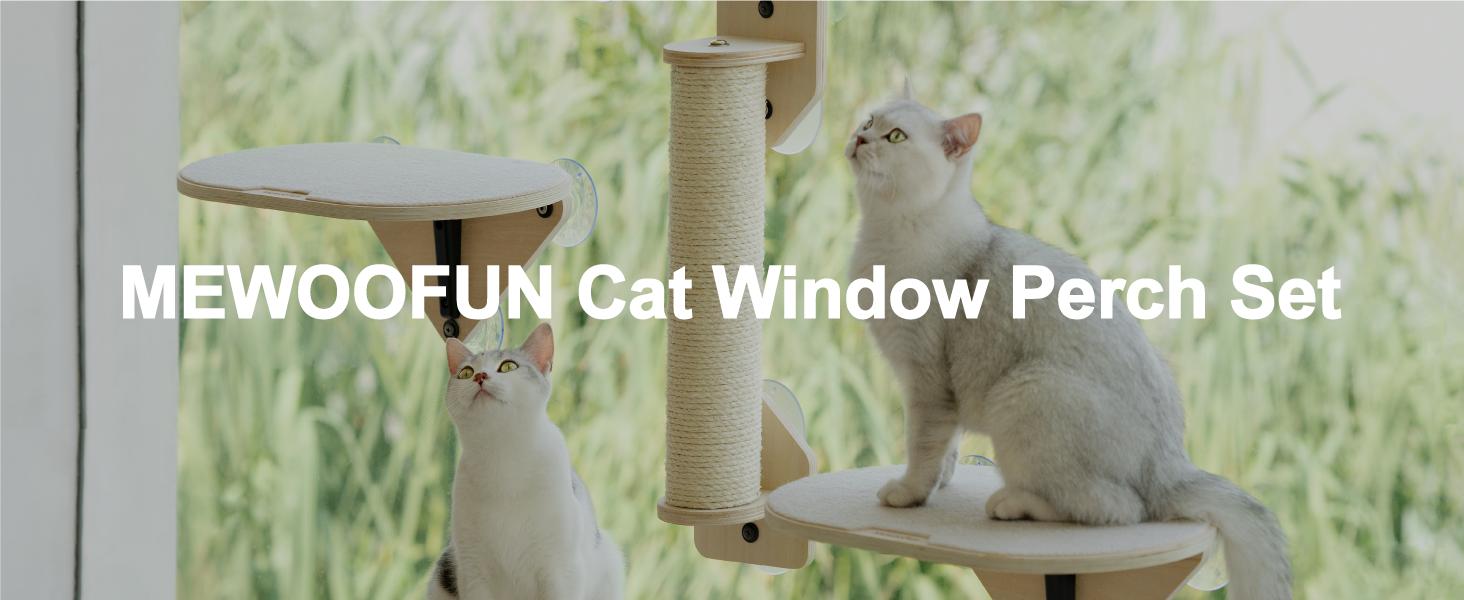 MEWOOFUN Sturdy Cat Window Perch Hammock with Climbing Steps and Scratching Post Wooden Window Mounted Cat Bed for Indoor Cats (3 Pcs Cat Climber Set), Space Saving Window Cat Wall, Vertical Cat Space Durable Cat Seat for Window Sill