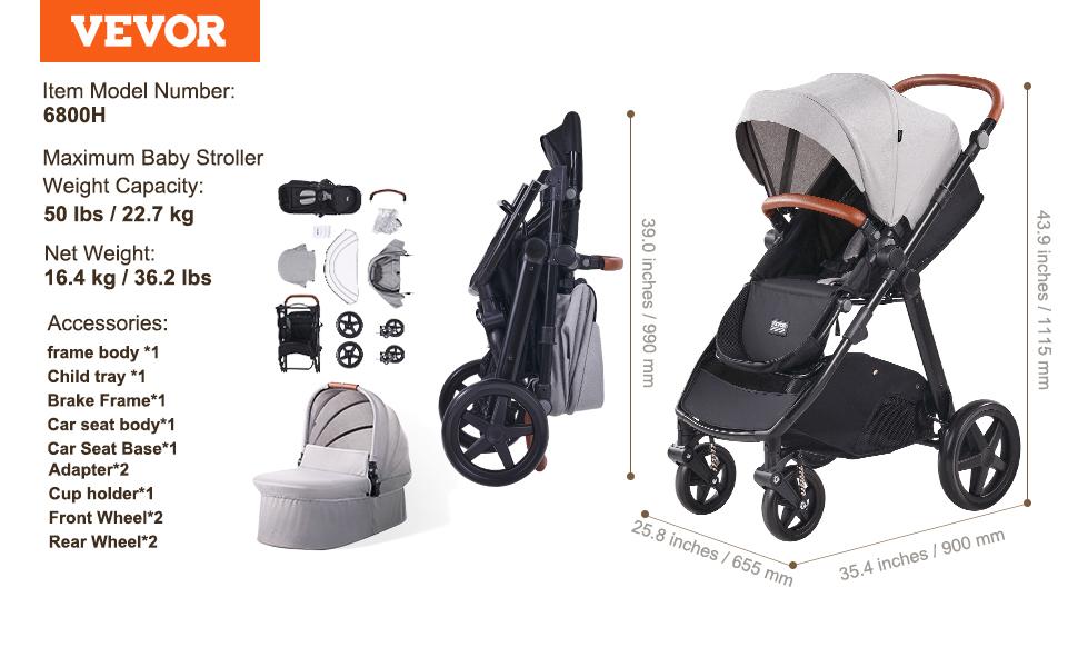 VEVOR Travel System Stroller with Infant Bassinet, 2-in-1 Baby Cradle Stroller Combo, Reversible Seat, Easy One-button Folding, EVA Tires with Brake Aluminum Stroller Carseat Combo Set (Light Gray)