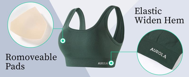 AUROLA Power Womens Square Back Basic Sports Bra - Square Neck Padded Low Impact Yoga Bra Workout Crop Top