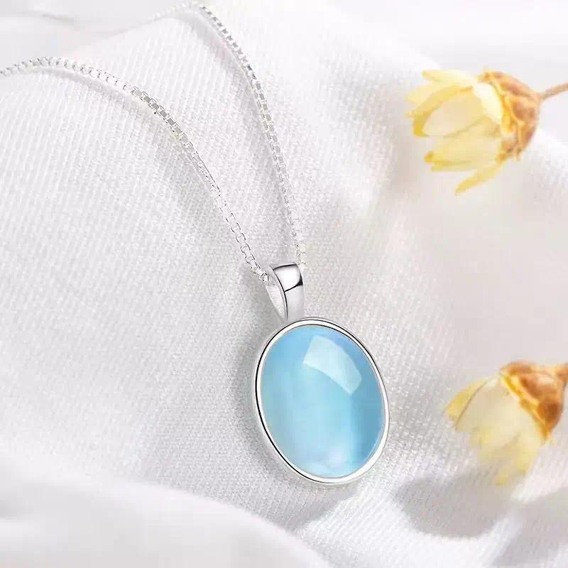 925 Sterling Silver Necklace with Moonstone and Natural Aquamarine Pendant, Necklace, Clavicle Chain, Women's Jewelry