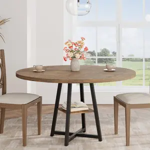 Garvee Round Dining Table, 47'' Kitchen & Dining Room Table for 4-6, Pedestal Base with Storage Shelf, Farmhouse Circle Dinner Table, Wood Top Metal Base, Vintage Brown