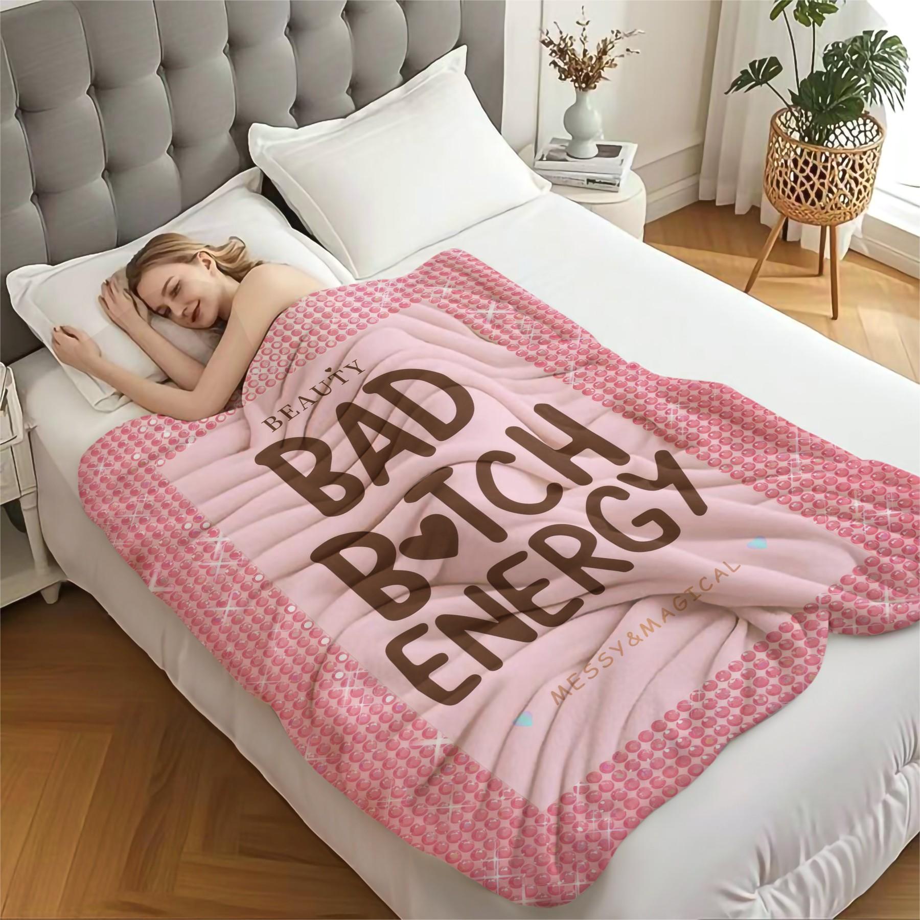 Bad B*tch Energy Flannel Blanket, Cute Sweet Print Warm Throw Blanket, Soft Cozy Nap Blanket for Couch Bed Recliner, All-Purpose Home Decor Gift Blanket