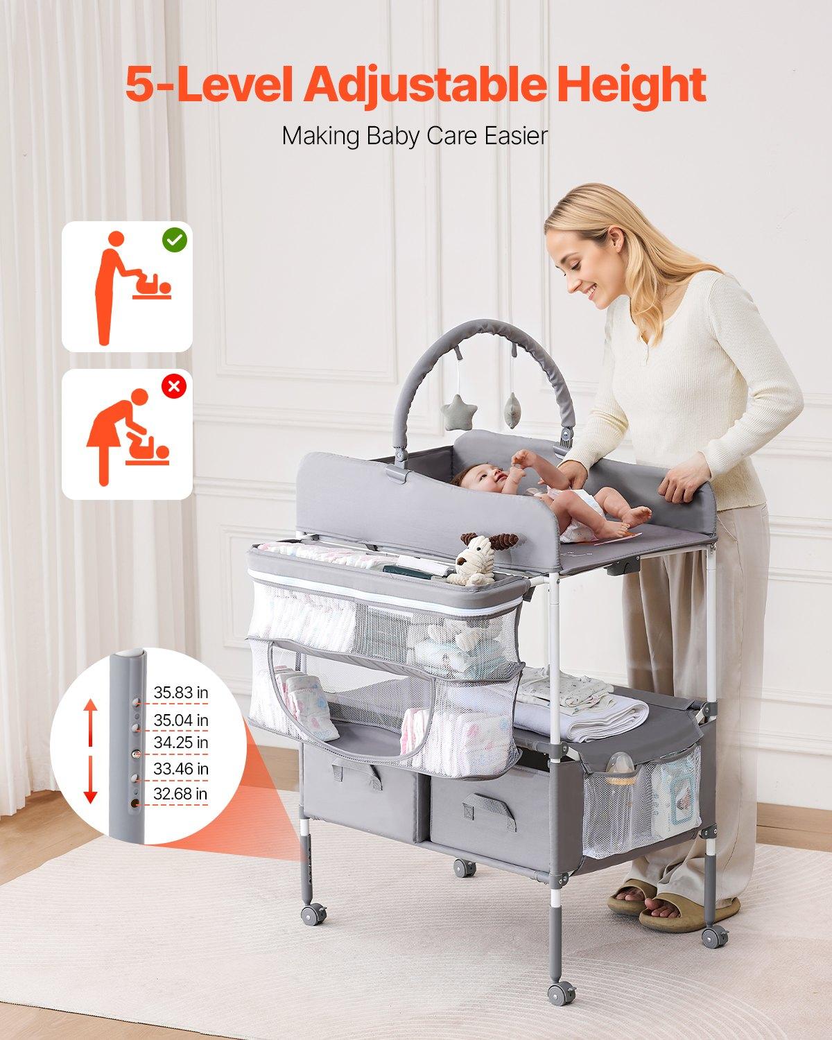 VEVOR Baby Changing Table, Foldable Diaper Change Station with 2 Fabric Drawers, Side Basket & Hanging Rod, Adjustable Height Portable Changing Table with Lockable Wheels & 2 Star Toys, Light Gray VEVOR Baby Changing Table, Foldable Diaper Change Station with 2 Fabric Drawers, Side Basket & Hanging Rod, Adjustable Height Portable Changing Table with Lockable Wheels & 2 Star Toys, Light Gray