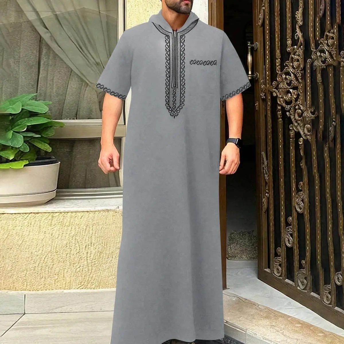 Moroccan Men's Thobe Short-Sleeved Embroidered Hood MuslimIslamicLooseJelleba Abaya - New Edition