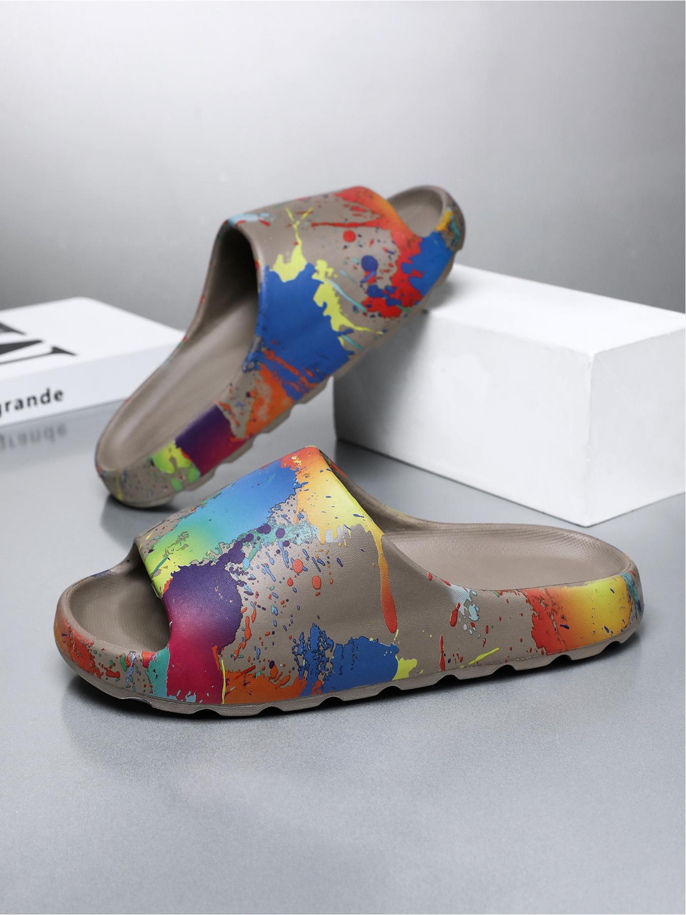 Unisex Splash-Ink Color Slides: Thick Anti-Slip Sole, Summer Outdoor Beach Slippers