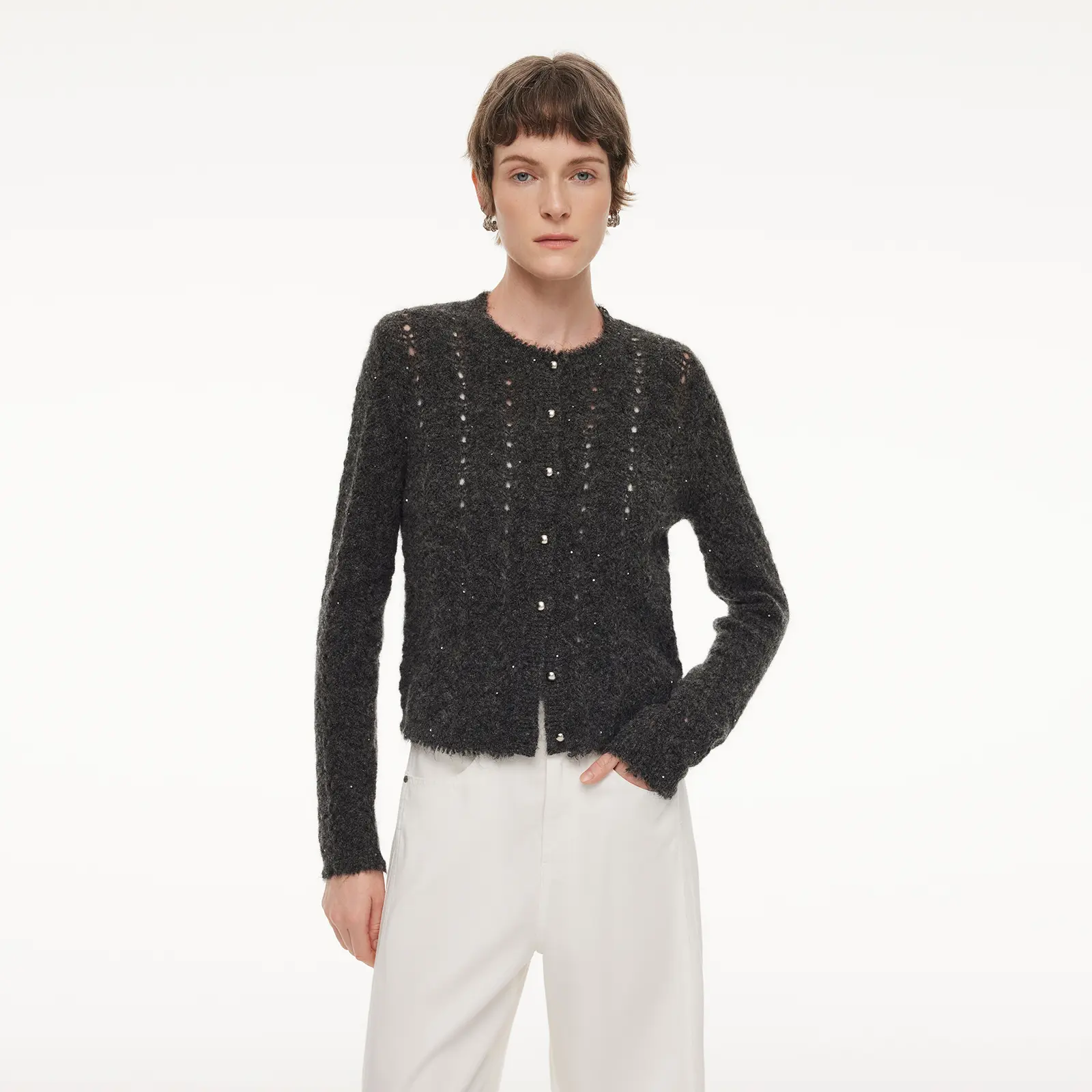 GOELIA Alpaca Wool Blend Frayed Edges Women Open-Knit Cardigan for Ladies