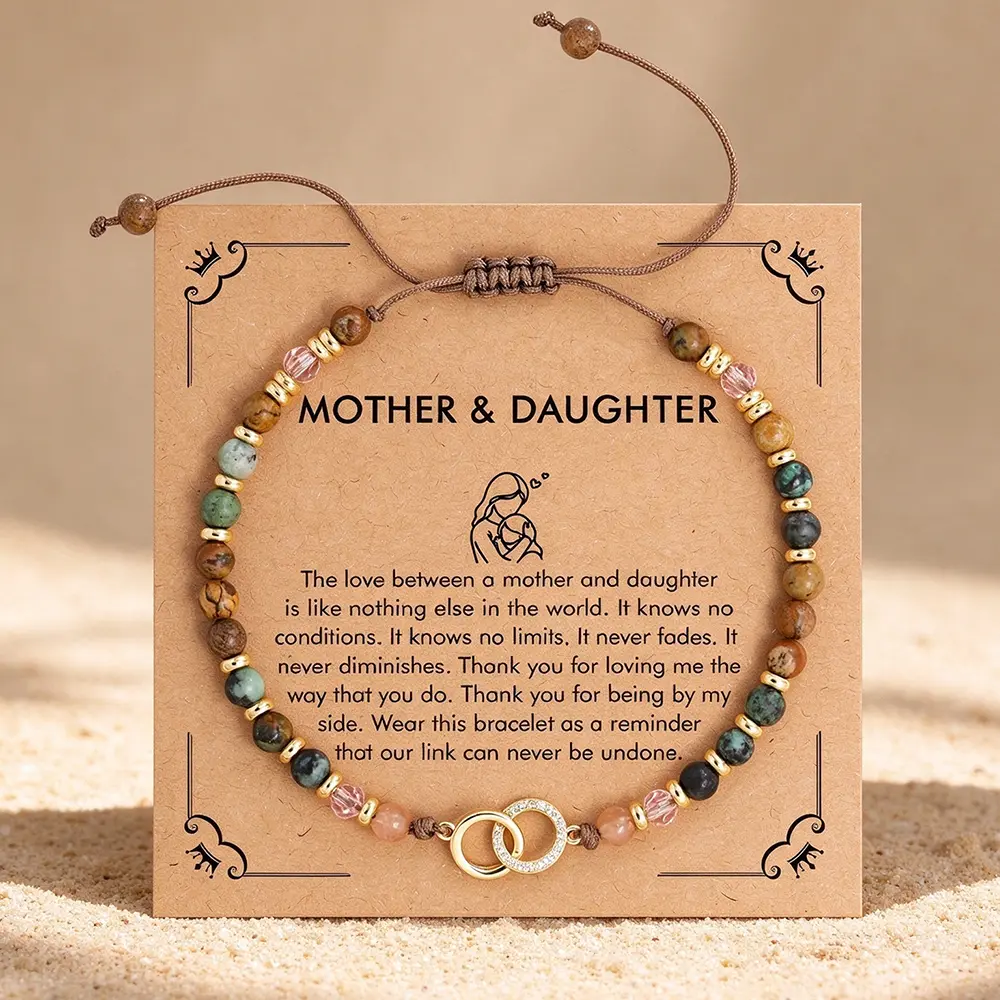 1pc Mother Daughter Beaded Bracelet with Message Card, Interlocking Circle Charm Natural Stone Bracelet, Adjustable Braided Rope Jewelry Gift for Mom Daughter Birthday Mother's Day