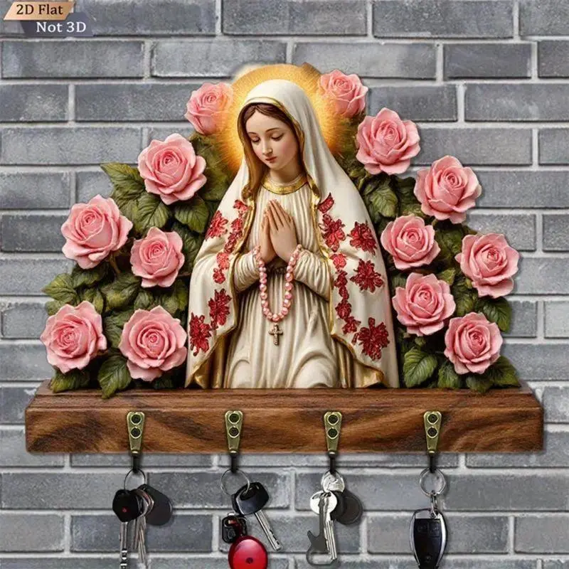 Vintage Decorative Wooden Wall Hanging Key Holder with 4 Hooks - Rose & Mary Art, Home Organizer Hook, Organiser for Entryway Storage to Keep Keys Organized, Elegant Religious Gift for Easy Accessibility