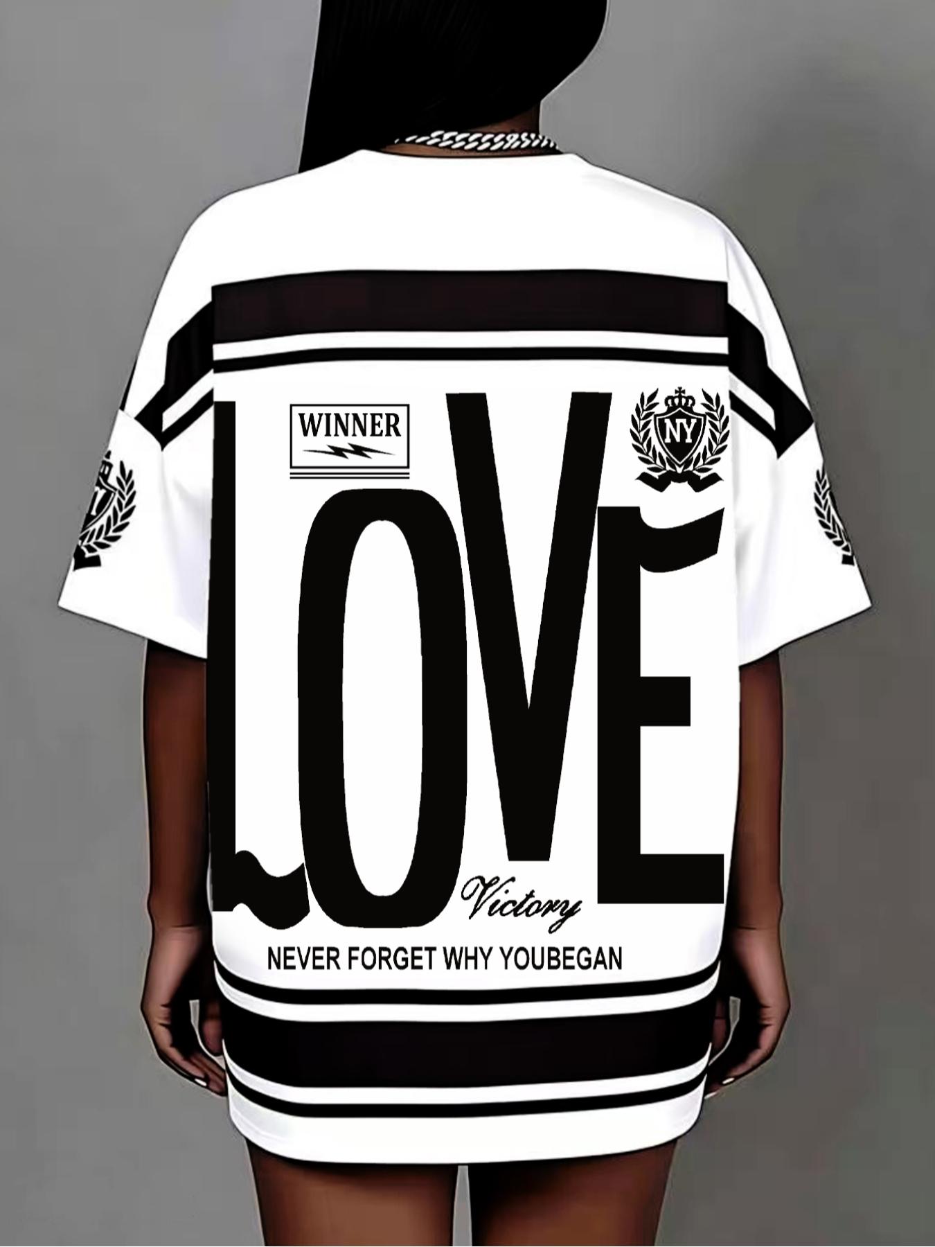 Plus Size Women's Street Style Colorblock Short Sleeve Top, Love Letter Print with Text and Striped Elements, Loose Fit, Comfortable Fabric