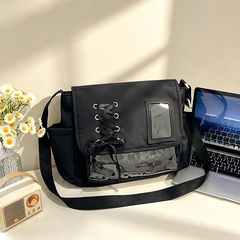 Women's Japanese School Style Canvas Shoulder Bag - Cartoon Theme, Zip Closure, Crossbody Strap, Ample Space for Casual Wear, Versatile Bookbag