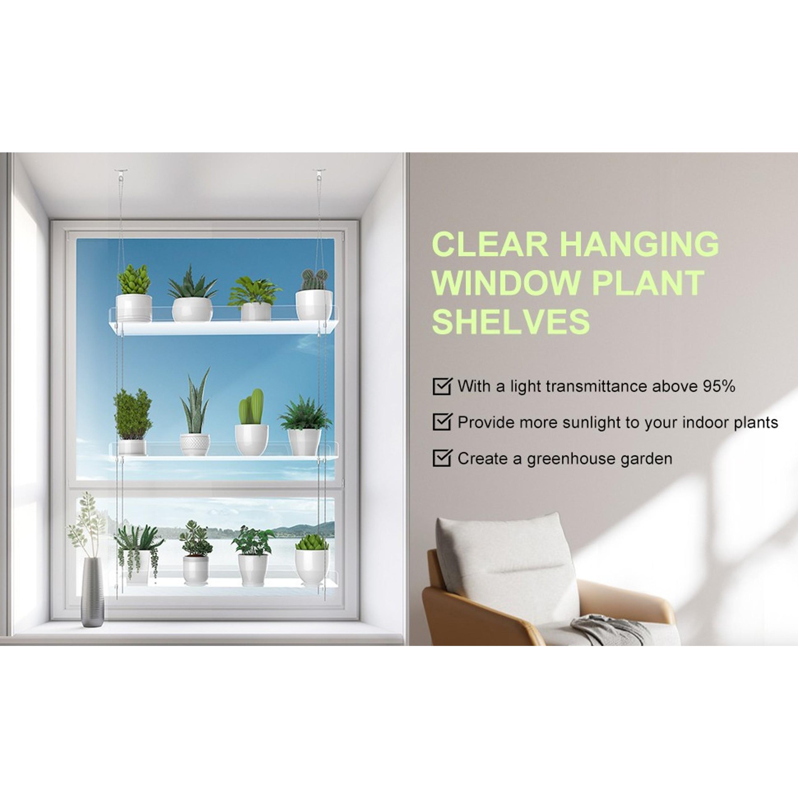 3-Tier Hanging Clear Plant Shelves for Windows, Acrylic Window Wall Plant Stand Shelf for Kitchen Indoor Gardens, Flower, Herb, Seedling Organization, and Pots Display, 16 Inch per Tier