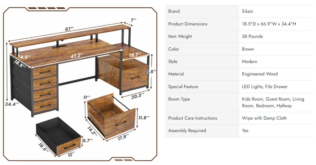Sikaic 66 Inches LED Gaming Desk With File Drawer Power Outlet Printer Cabinet And Monitor Shelf Brown