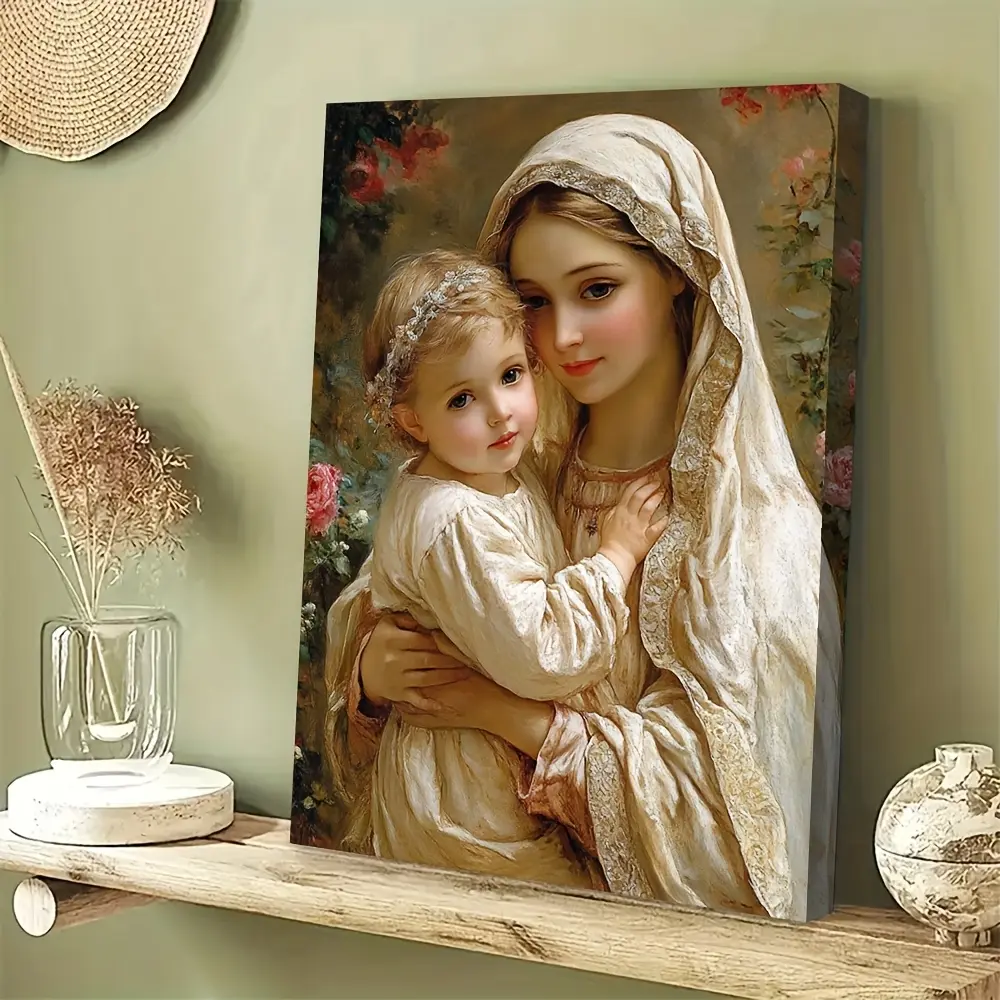 2D Flat 1pc Framed Virgin Mary and Infant Jesus Canvas Wall Art-  Large Religious Painting, Beige, Brown, Golden, and White Tones- Ready to Hang Spiritual Christian Decoration Suitable for Home, Bedroom, Living Room- Soft Pastel Background
