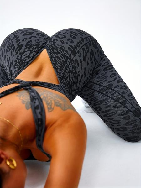 Women's Leopard Print Cross Strap Sleeveless Yoga Jumpsuit, High Elasticity Knit Sportswear Workout Jumpsuits for Autumn Winter, Casual Tight Fit Above Ankle