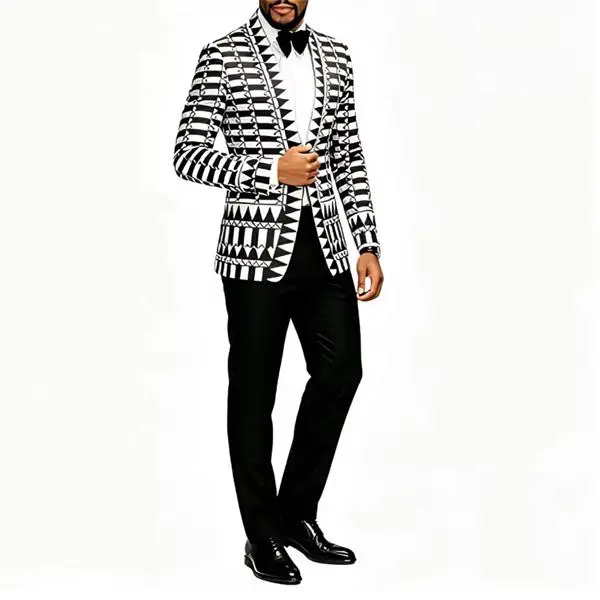 Men's Slim-Fit Open-Front Black White Geometric Print Tuxedo Blazer - Formal Evening Suit Coat for Wedding, Prom, Size S Festive, Flattering, Classic Style, Fashion Men's Suit Separates Long-Sleeve Formal Attire
