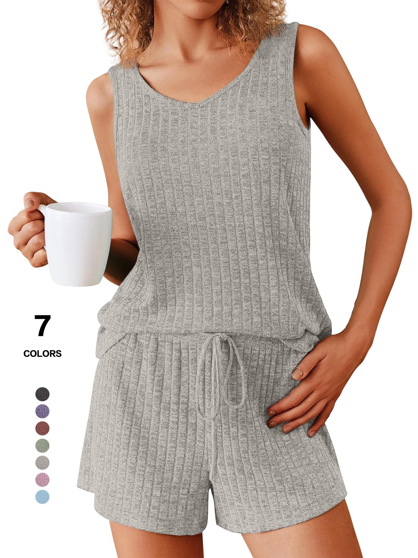 Women's 2-Piece Sleeveless Summer Pajamas Set, Ribbed Knit Tank & Shorts, Casual Fitted Elastic Design, Solid Color Loungewear