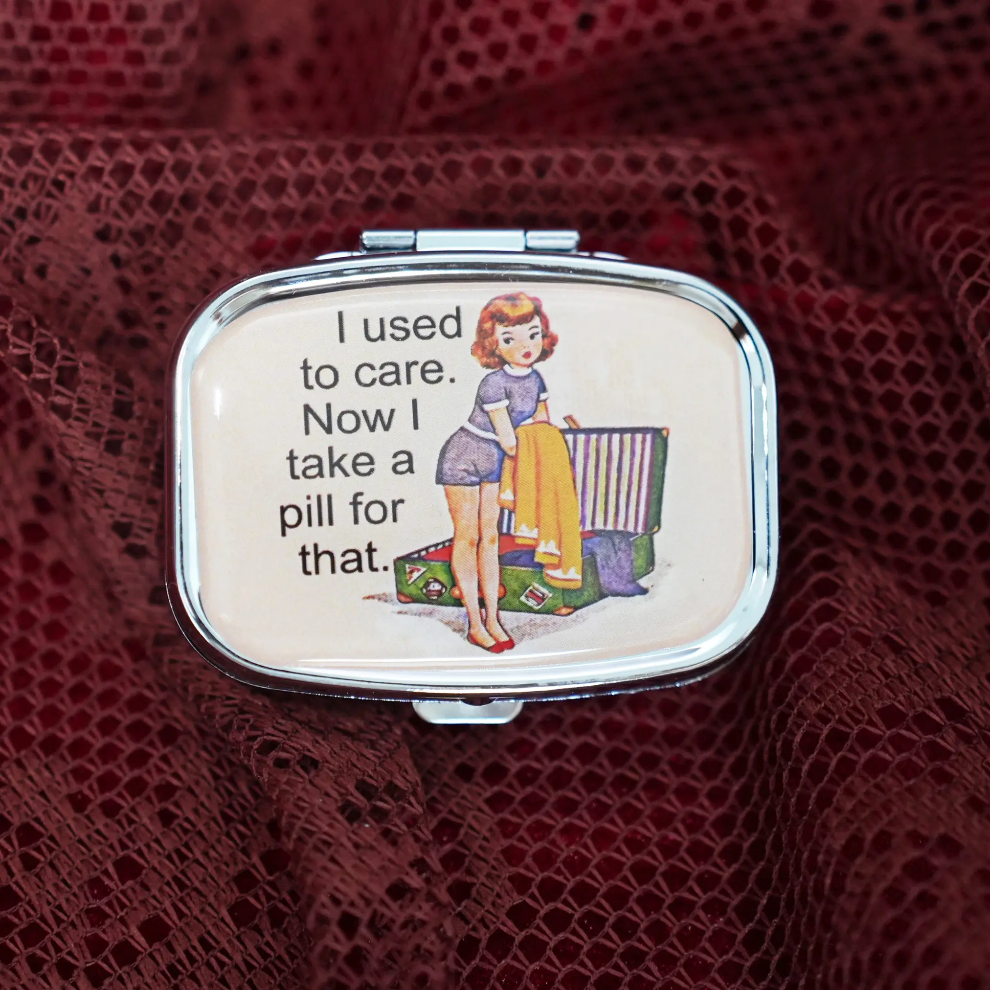 1pc Retro Comic Art Pill Box Dual Compartment - Portable Travel Medicine And Vitamin Storage Box With Mirror, ABS/Metal Material Design (I Used To Care About ), Daily Pill Organizer | Humorous Illustration | Metal Pill Case, Portable Handheld Pill Box