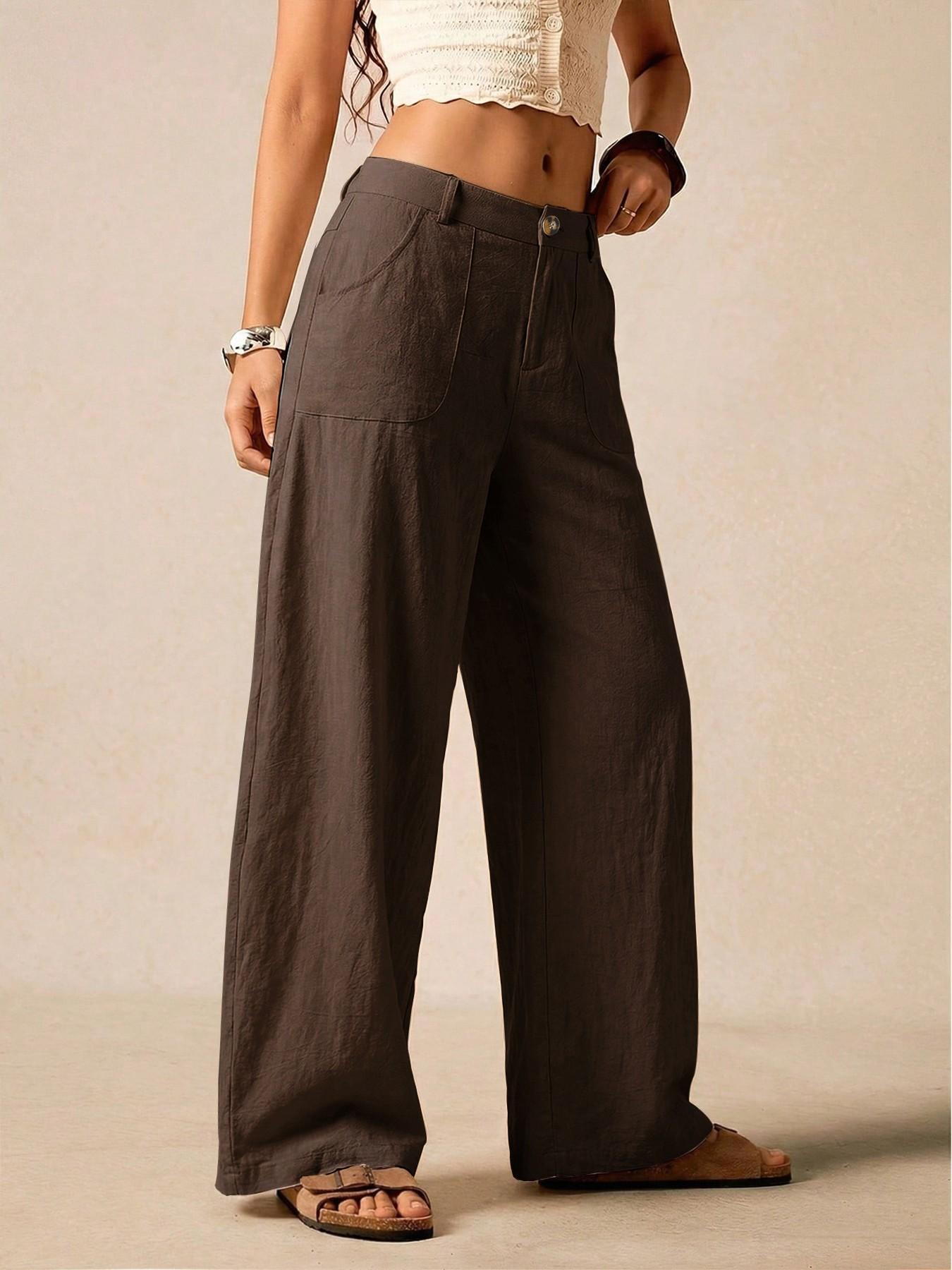 Women's Summer Linen Breathable Lightweight Palazzo Pants Flowy Wide Straight Leg Beach Trousers, Button Pocket Trousers, With Pocket Casual Solid Color Soft Elastic High Waist Travel Vacation Date Brunch Home Work Street wear